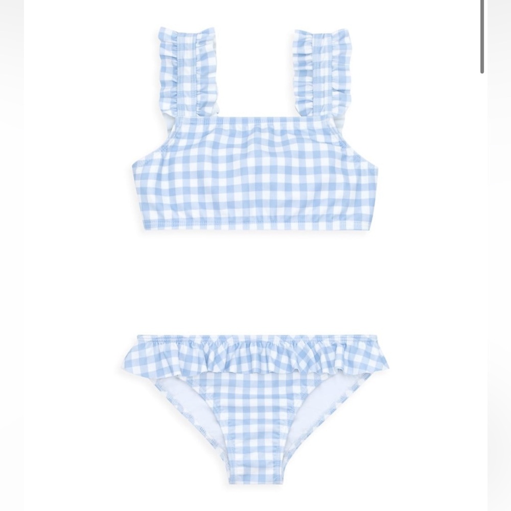 Girls Light Blue Gingham Ruffle Bikini - Kids Swim Bikini